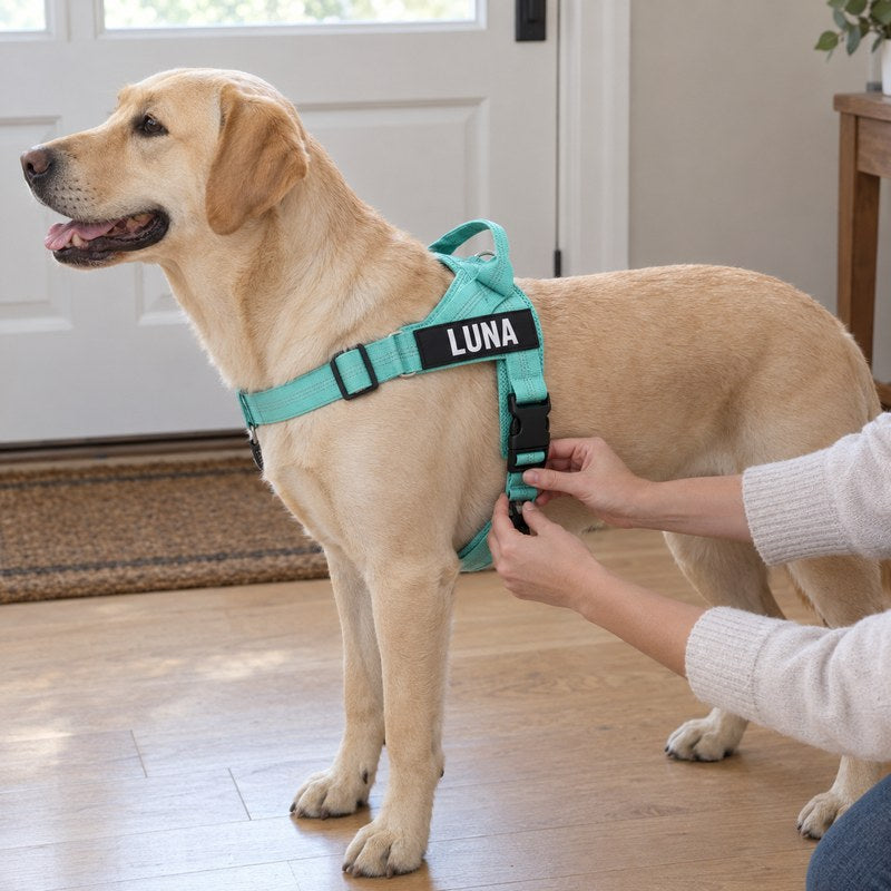 Unas manos cierran la hebilla lateral de un arnés hale & hound color menta en un labrador dorado
