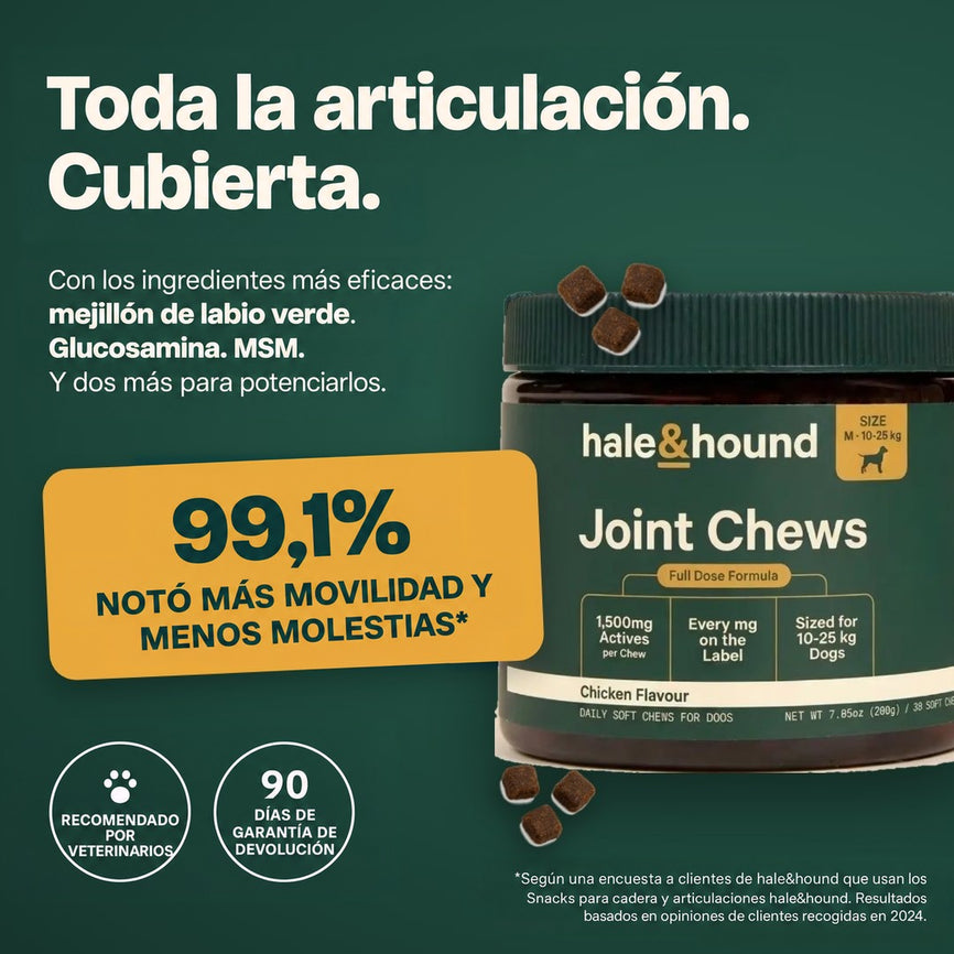 Toda la articulación, cubierta. Con los ingredientes más eficaces: mejillón de labio verde, glucosamina y MSM, potenciados con dos más. El 99,1% notó más movilidad y menos molestias. Recomendado por veterinarios, garantía de devolución de 90 días.