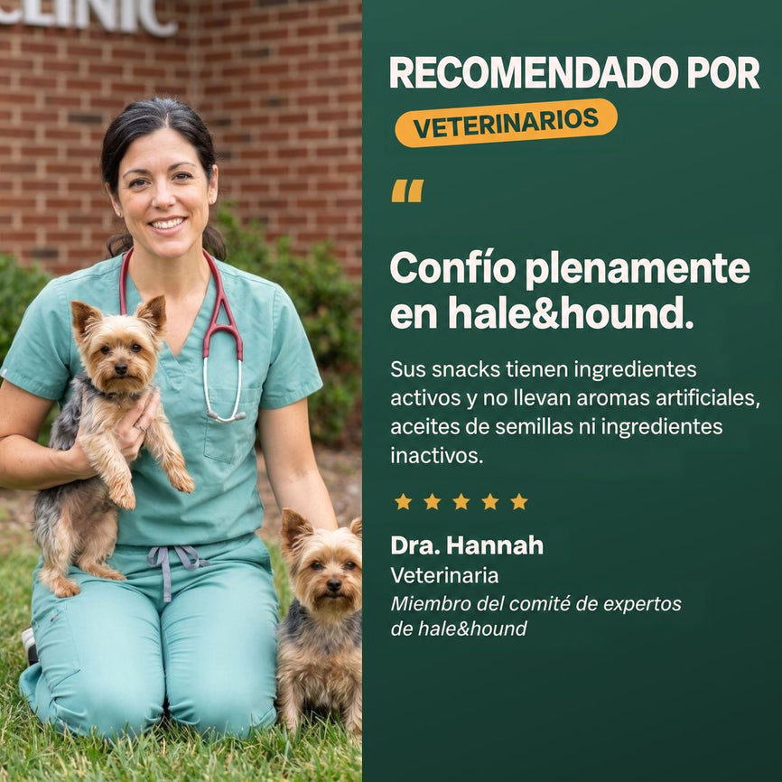 Con la confianza de los veterinarios: confío plenamente en hale & hound. Dra. Hannah, veterinaria, miembro del consejo asesor de expertos de hale & hound.