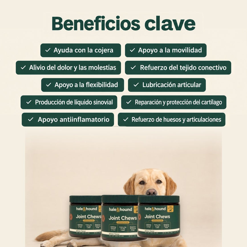 Beneficios clave: ayuda con la cojera, apoyo a la movilidad, alivio del dolor y las molestias, refuerzo del tejido conectivo, apoyo a la flexibilidad, lubricación articular, producción de líquido sinovial, reparación y protección del cartílago, acción antiinflamatoria y refuerzo de huesos y articulaciones.